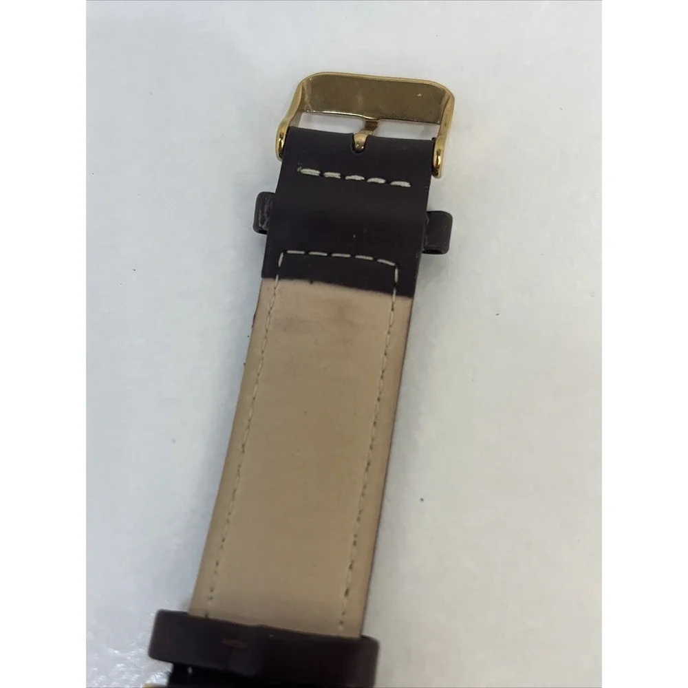 DIBI Men's White Round Dial Rose Gold Tone Brown Faux Leather Watch- New Battery